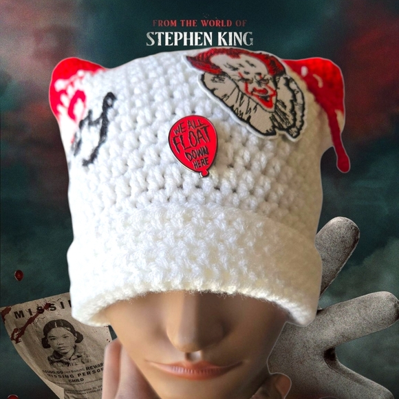 Handmade Accessories - "Pennywise/Wlcm To DERRY" inspired Handmade Crochet Beanie, Horror, Adult